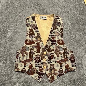 Vintage Teddy Bear Vest Medium Cottage Granny Y2K Tapestry Tie Back 90's Cosplay